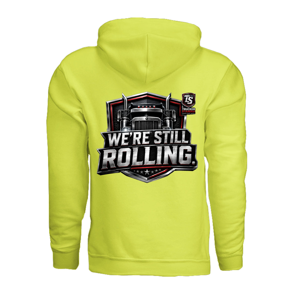 STILL ROLLING HEAVYWEIGHT HOODIE — safety green back