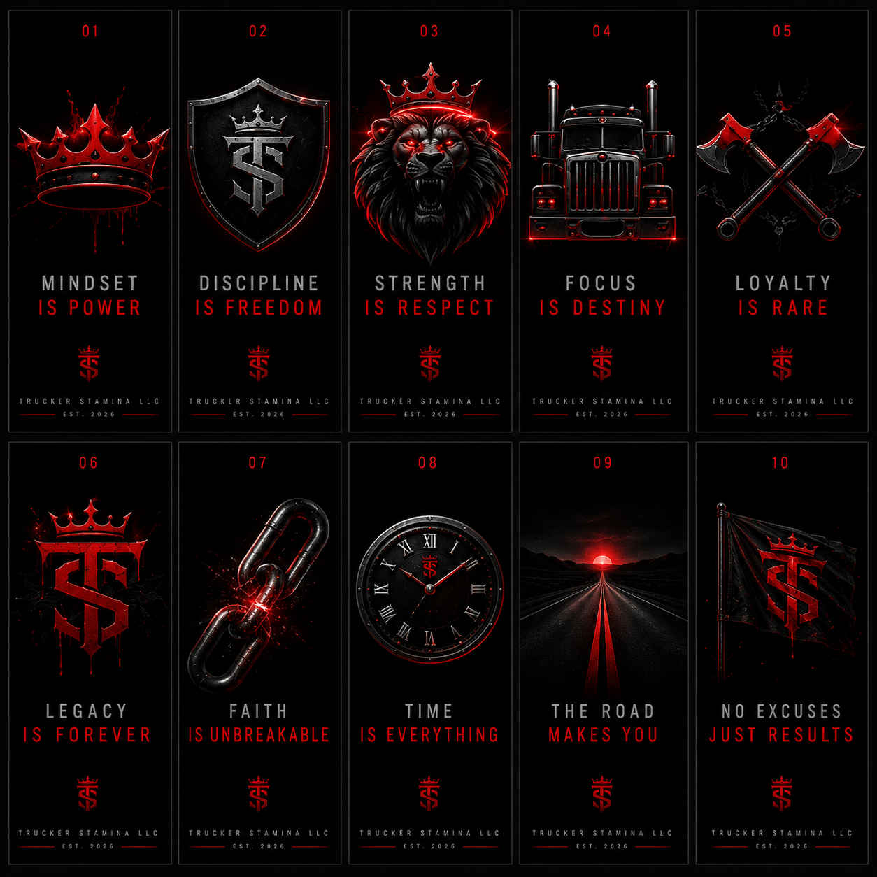 Ten Trucker Stamina values: mindset, discipline, strength, focus, loyalty, legacy, faith, time, the road, and results