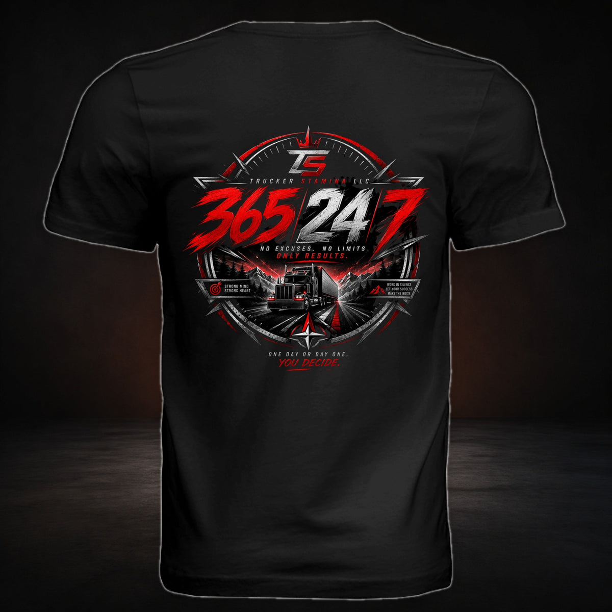 Trucker Stamina Warrior Tee on a premium charcoal studio background