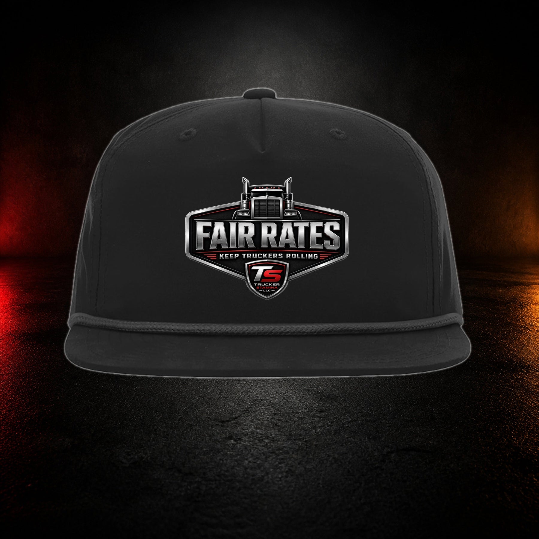 Fair Rates Trucker Snapback on a premium charcoal studio background