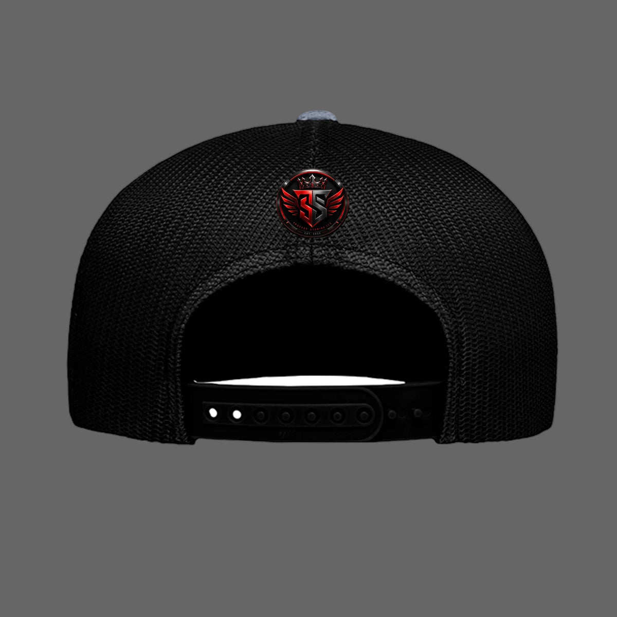 365 Trucker Snapback — heather grey and black, back view