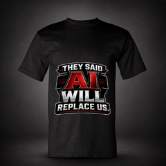 They Said AI Will Replace Us black trucker T-shirt on charcoal studio background