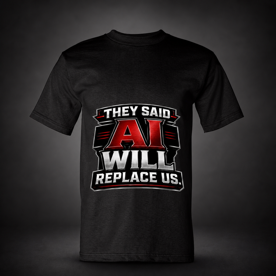 They Said AI Will Replace Us black trucker T-shirt on charcoal studio background