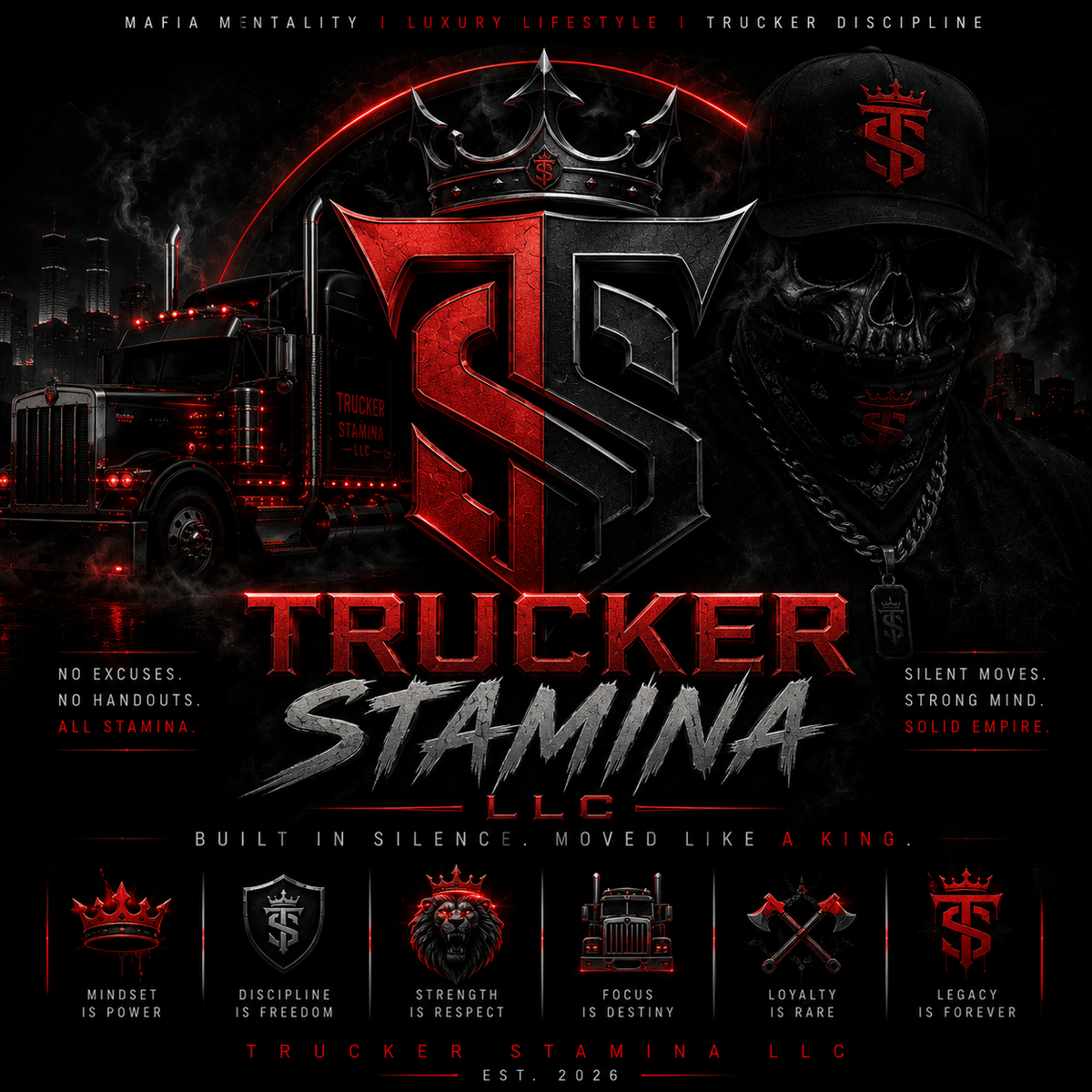 Trucker Stamina truck, crowned TS emblem, and disciplined road warrior in black, red, and steel