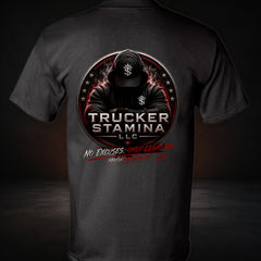 American-Made Trucker Stamina Tee on a premium charcoal studio background