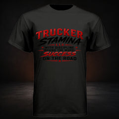 The Original Trucker Stamina Tee on a premium charcoal studio background