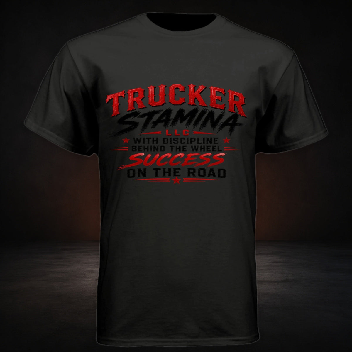 The Original Trucker Stamina Tee on a premium charcoal studio background