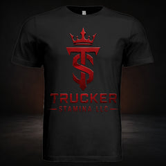 Trucker Stamina Smile Tee on a premium charcoal studio background