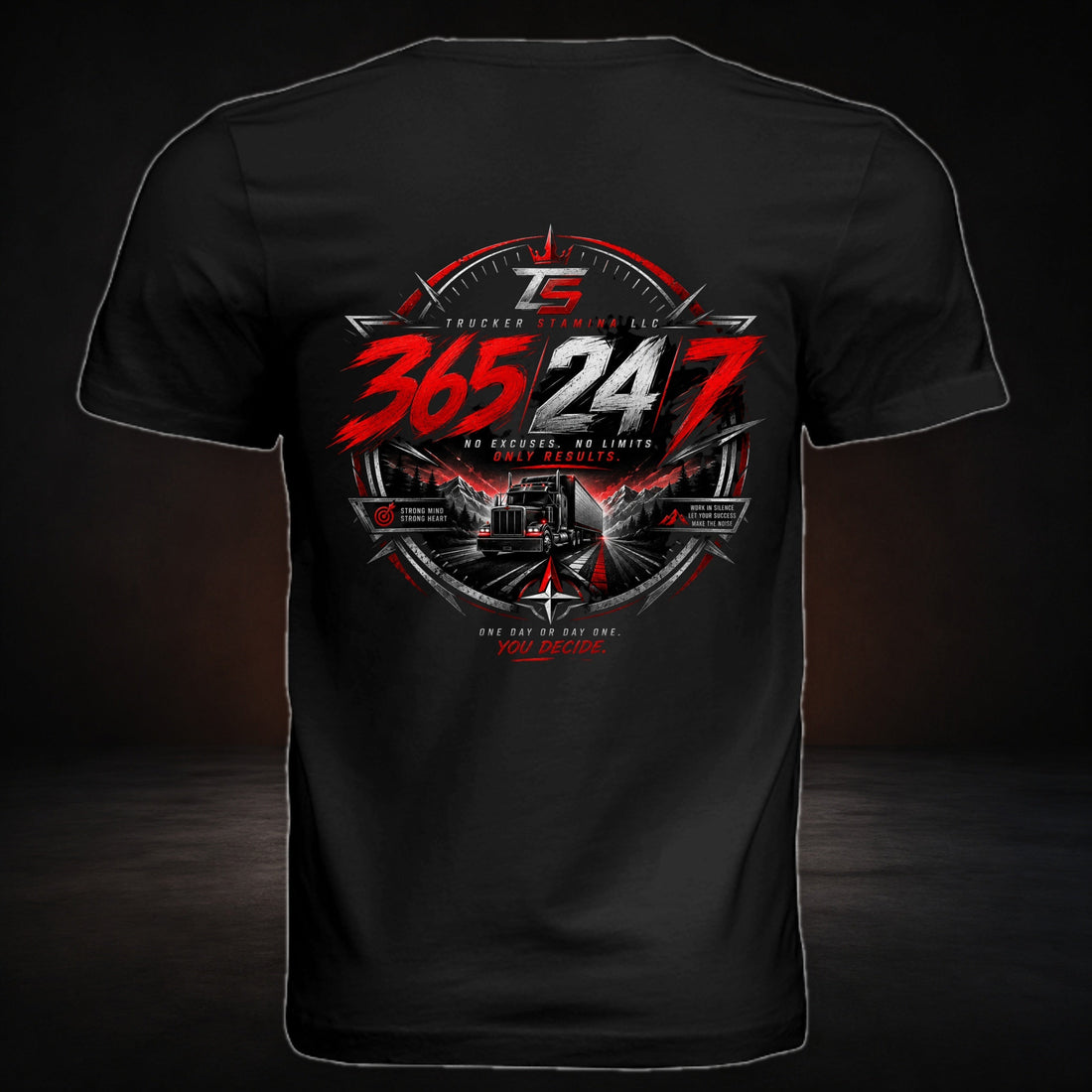 Trucker Stamina Warrior Tee on a premium charcoal studio background