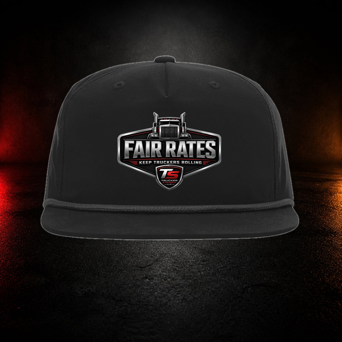 Fair Rates Trucker Snapback on a premium charcoal studio background